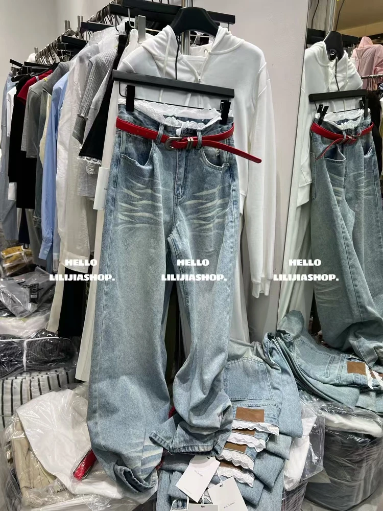 

Модные женские джинсы с высокой талией, прямые, широкие штанины, длинные брюки, новинка ранней осени, с кружевной отделкой, стройнящие