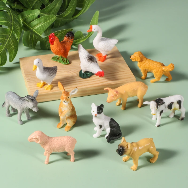 12pcs Mini Farm Figurines Realistic Animal Model Dog Duck Cock Pig Sheep Cat Action Figures Simulated PVC Educational Toy