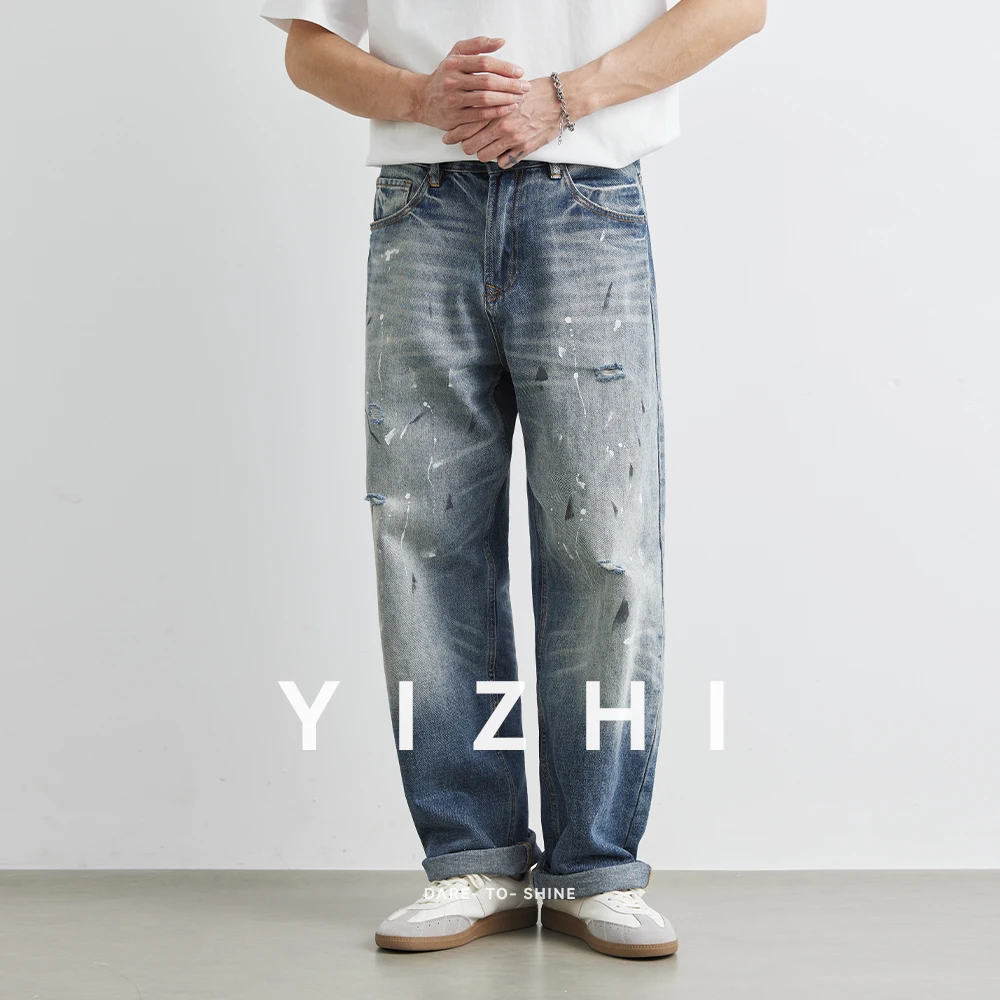 

Fashion Men's Ink-splashed Old High Street Washed Jeans Summer New Retro Mopping Straight Casual Jeans Large Size Men's Clothing