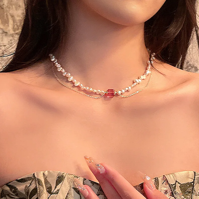 New Arrival Elegant Natural Freshwater Pearl & Square Strawberry Quartz 14K Gold Filled Female Necklace Jewelry For Women Gifts