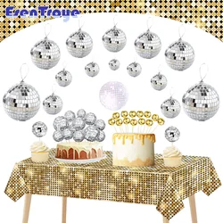 70s 80s 90s Disco Birthday Party Decor Sequin Tablecloth Mirror Reflective Ball Cake Topper Wedding Mirror Ball Hanging Ornament