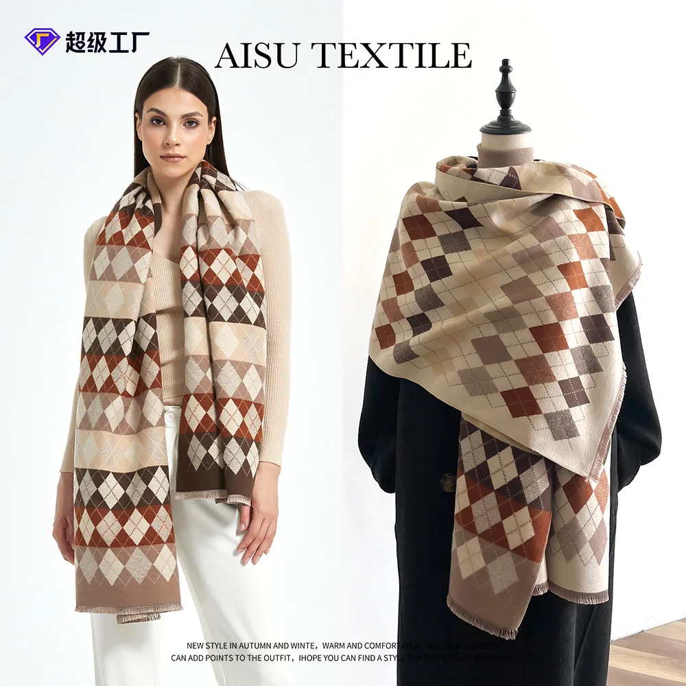

British Retro Neutral College Style Diamond Imitation Cashmere Scarf With Tassel high-end Beige Student Shawl Szalik 4w935