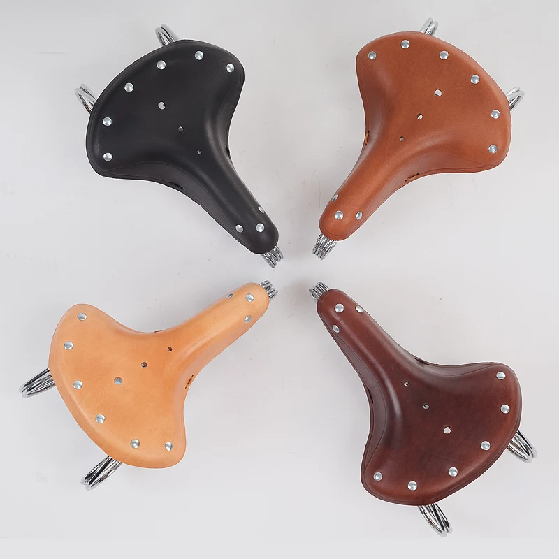 New Cowhide Retro Mountain Bike Saddle Elephant Nose Rear Ring Spring Shock Absorbing Round Spring Old Style Handmade Seat