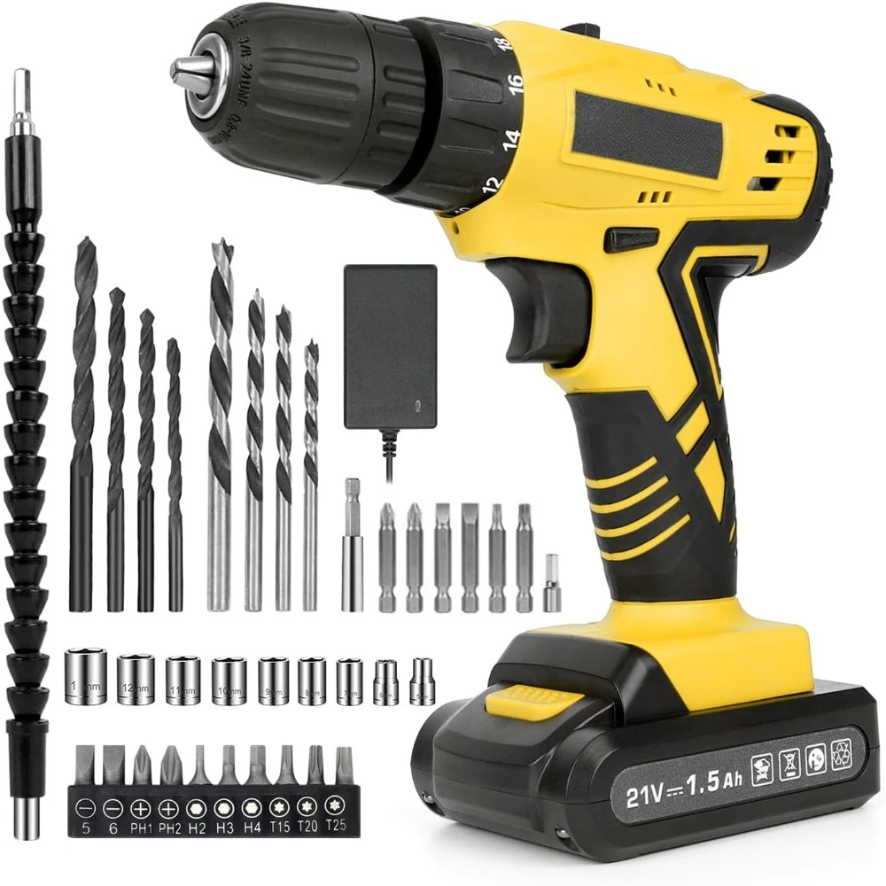 Portable Power Drill Set with 37PCS Drill Bit,21V Cordless Drill Kit with Battery and Charger, Home Tool Kit