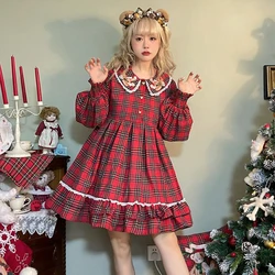 Japanese Kawaii Christmas Lolita Dress Women Sweet Peter Pan Collar Lace Plaid Princess Dresses Girl High Waist Slim Party Dress