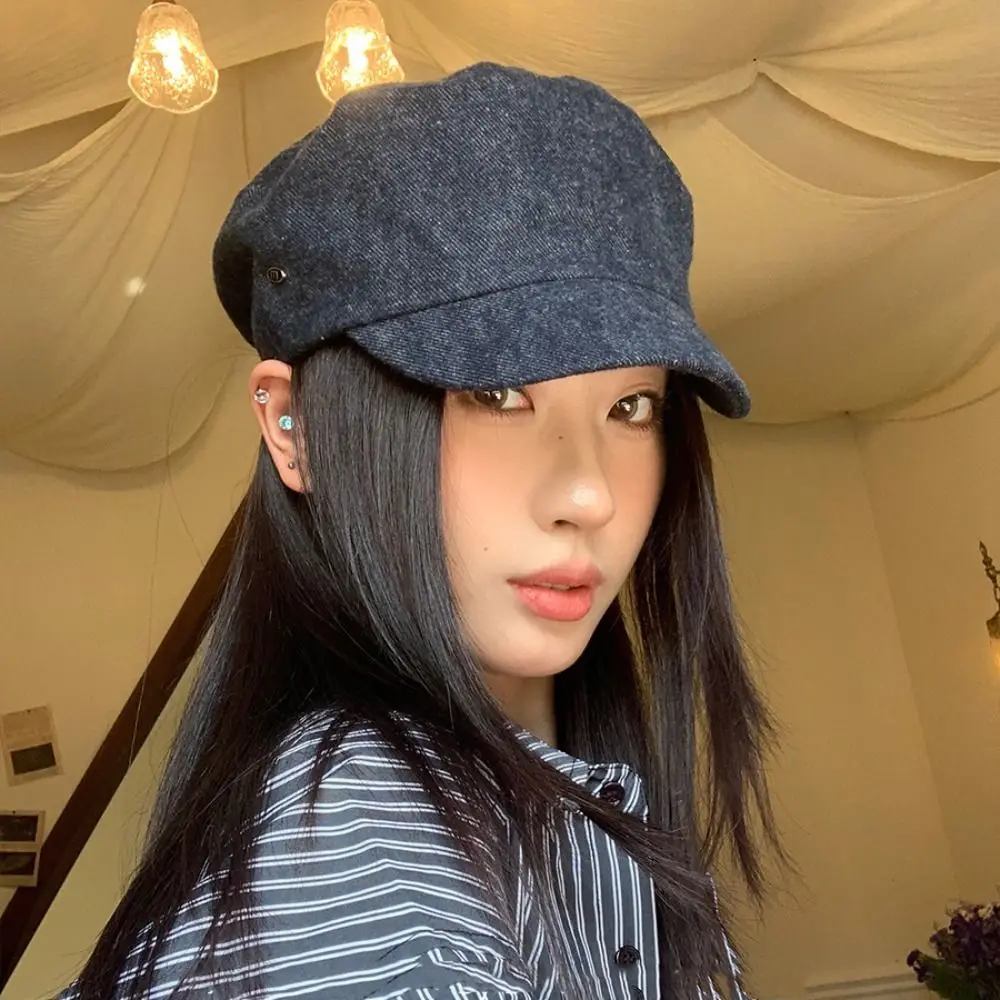 

Fashion Vintage Demin Beret Flat Brim Artist British Style Painter Cap Y2k Versatile Octagonal Hat Autumn