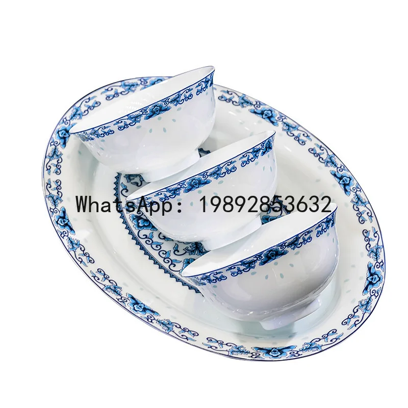 

XL White Porcelain Glazed Colorful Bowl and Chopstick Set, New Chinese Style Ceramic Tableware, Complete Bowl and Plate Set,