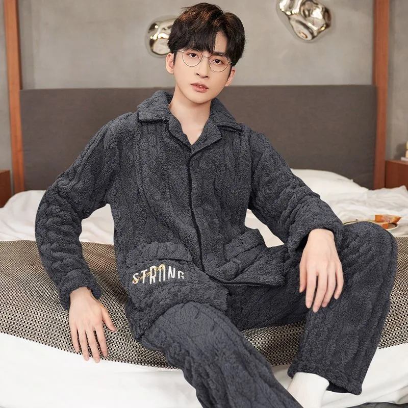 

Men Pajamas Winter Coral Velvet Sleepwear Set Youth Plus Padded Warm Cotton Jacket Loungewear Outfit Young Students Home Clothes