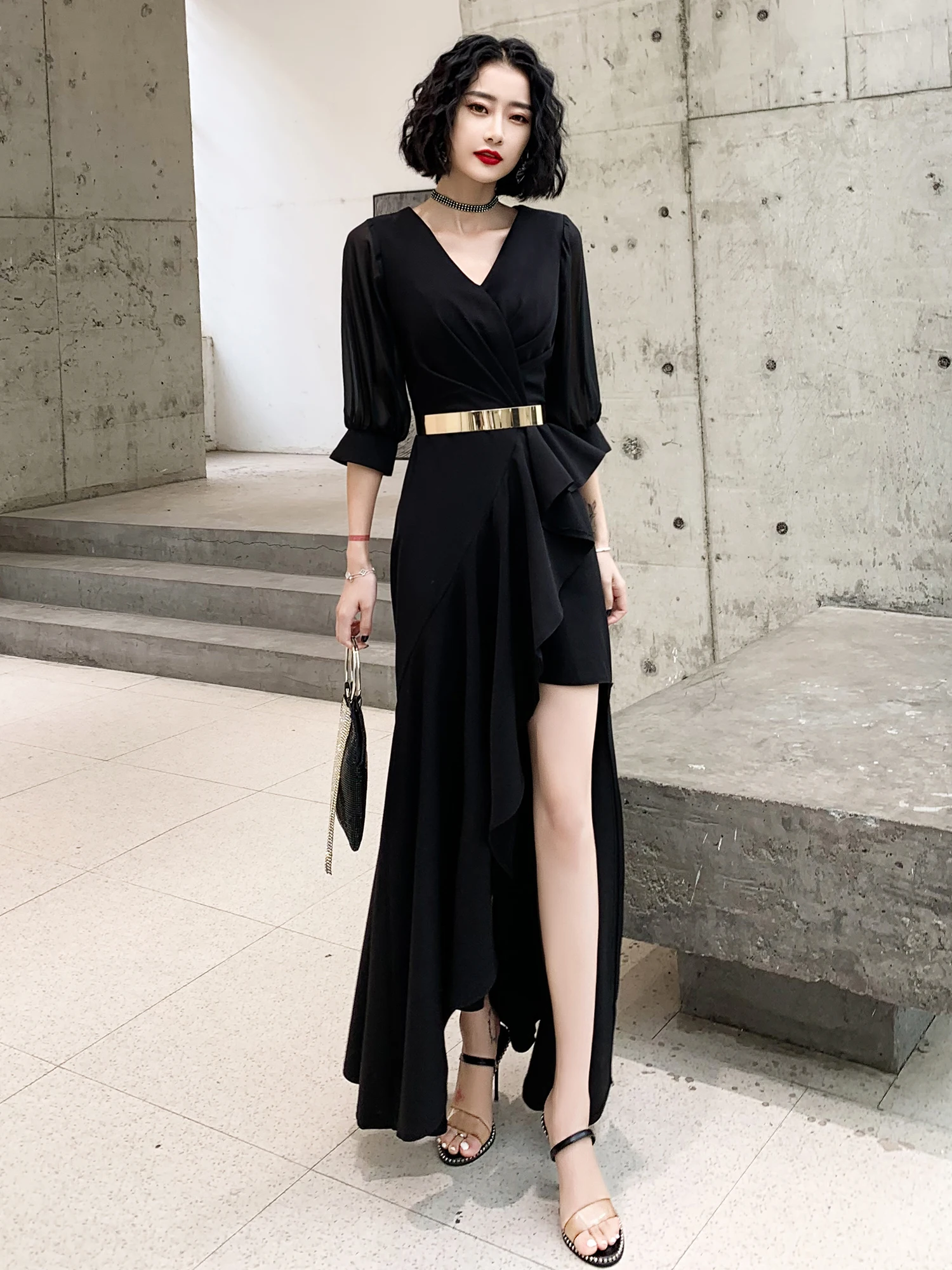 

Вечернее платье Ele Bla для женщин, модное, в стиле королевского бального платья, с длинными рукавами, длиной в пол, с V-образным вырезом, на молнии