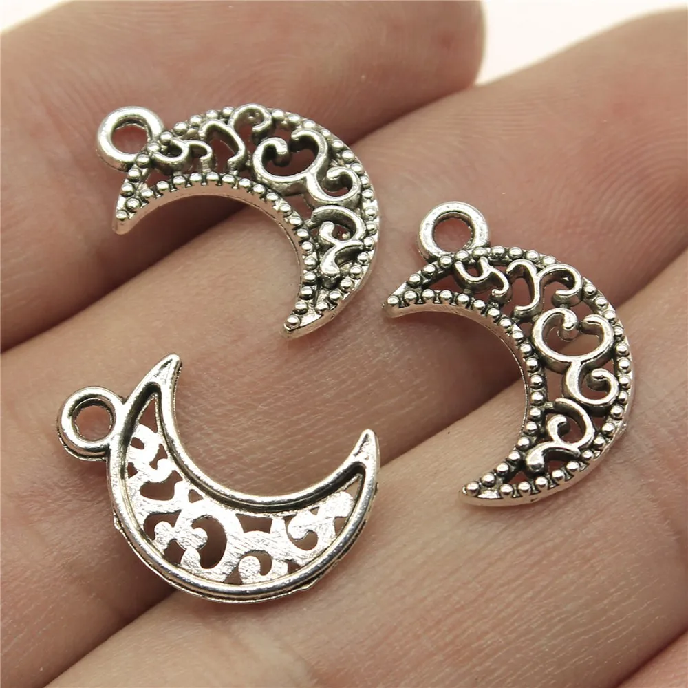 WYSIWYG 20pcs 17x11mm Carved Crescent Moon Charms Vintage Antique Silver Color Moon Carved Charms