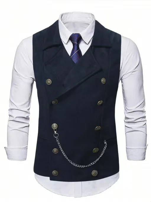Men's Double Breasted Vest with Chain, Formal Business Waistcoat, Multi-Color Office Wedding Sleeveless Jacket - view 3