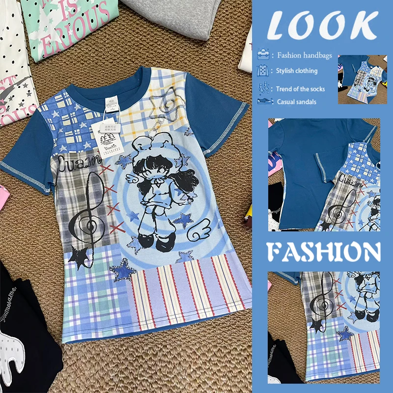 

Sweet Cool Girl Hand-Drawn Cartoon Patchwork Short Sleeve Slimming Top Trendy Cotton T-Shirt Women's Fashion Summer Clothes