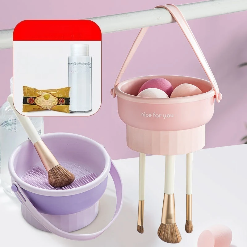 แปรงแต่งหน้าทําความสะอาดชามแห้ง All-in-One กล่องซิลิโคนแป้งพัฟความงามไข่ทําความสะอาด Organizer ชุดเครื่องมือ