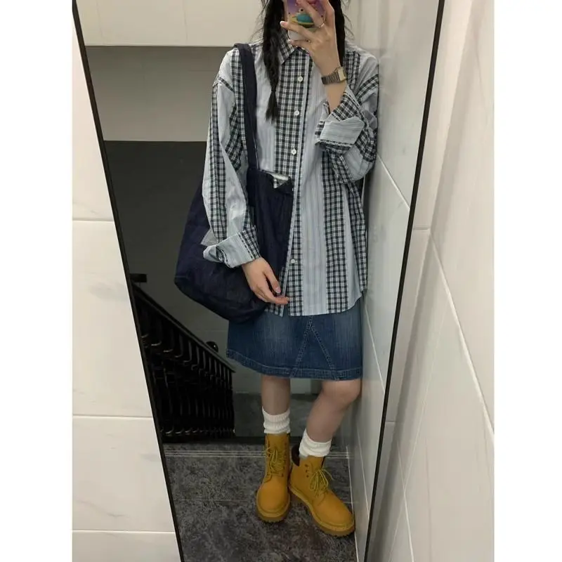 Japanse Vintage Patchwork Plaid Shirt Vrouwen 2025, Lente Revers Lange Mouw Blouse Y2k Fashion Design Losse Tops Mujer