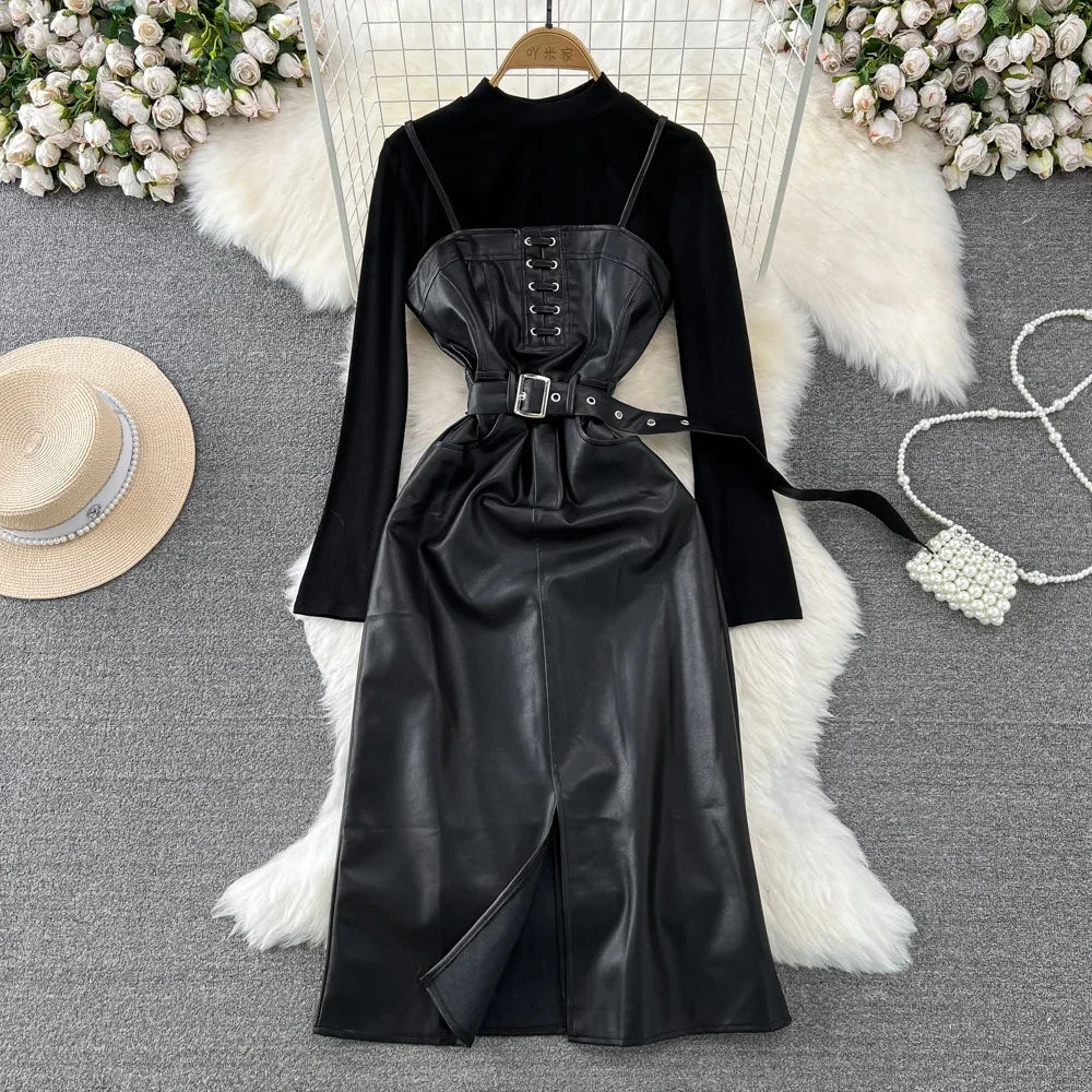 Korean Fashion Casual Two Piece Set for Women Vintage Lace-up Strapless PU Leather Dress Sets High Street 2 Piece Suits Female