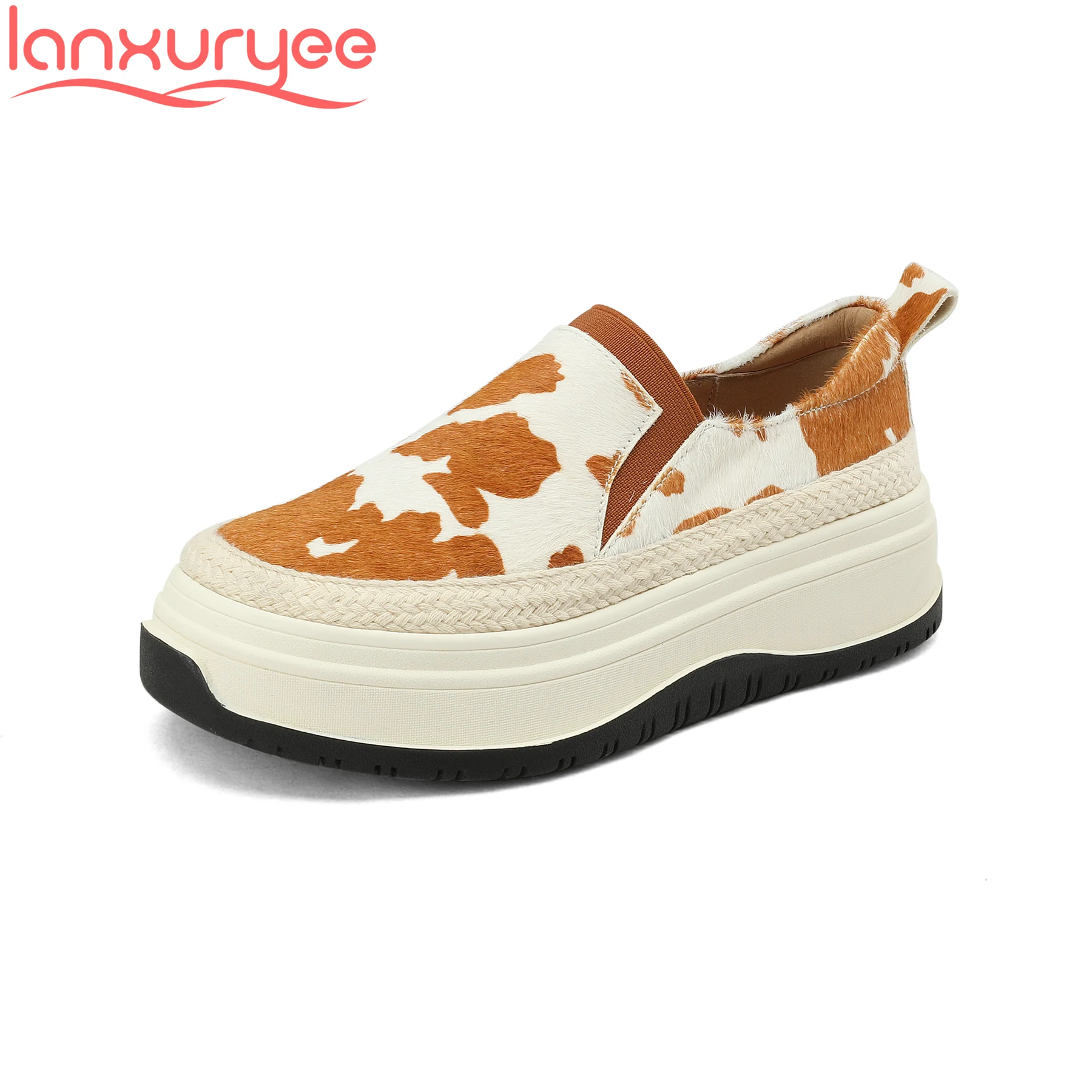 

Lanxuryee Horsehair High Heels Platform Leopard Print Spring Women Vulcanized Shoes Runway Loafers Preppy Style Brand Sneakers