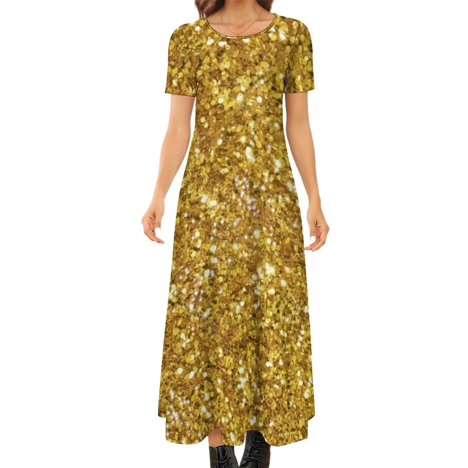 

Gold glittering sparking sequins pattern Round Neck Short Sleeve Dress Dresses gala dresses with long sleeves