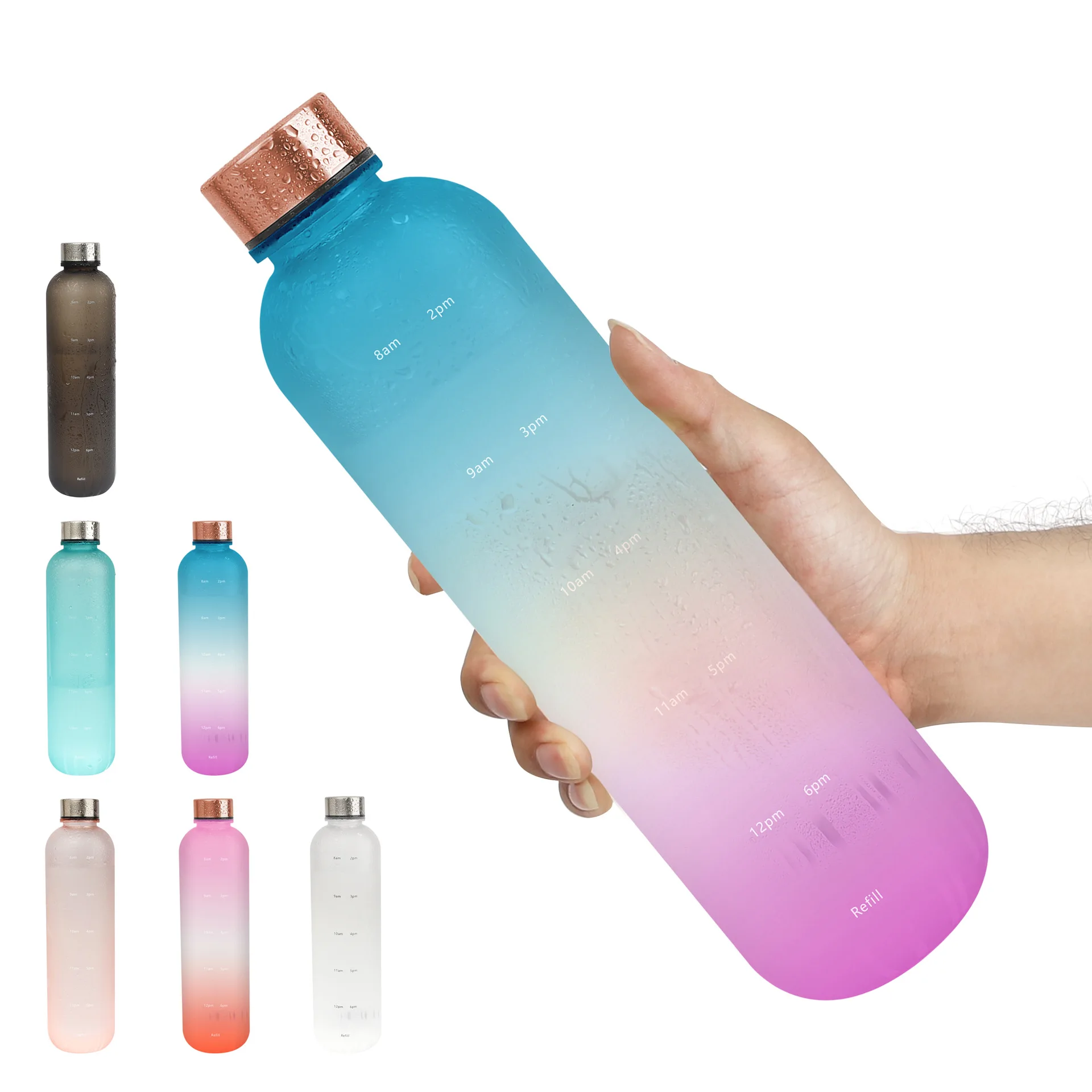 2022 New Plastic Space Cup Large-Capacity Transparent Frosted Water Cup Copper Lid Water Bottle With Time Marker 1000ML