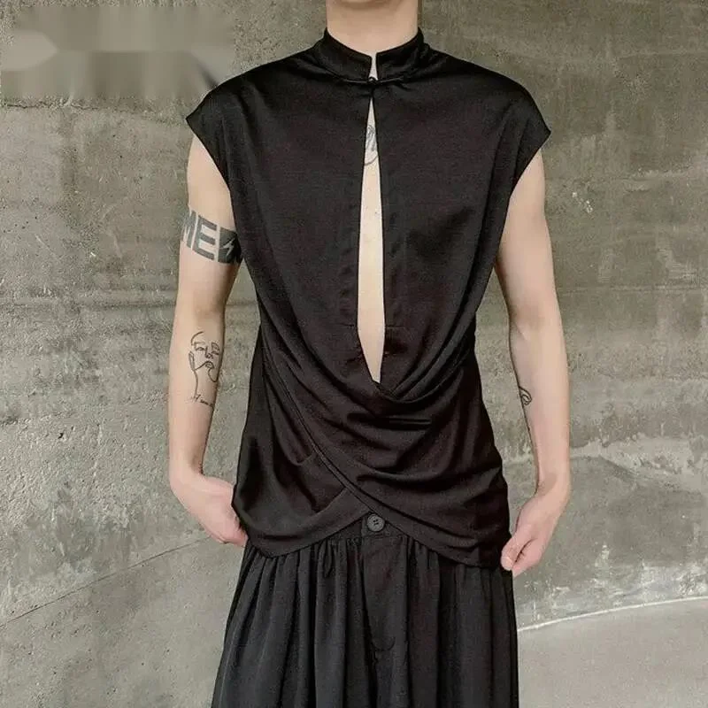 Summer Niche Crosstie Vest New Chinese Style Men's Sleeveless Top Black Stand Collar Hollow Out Design Loose Clothes 9MLF