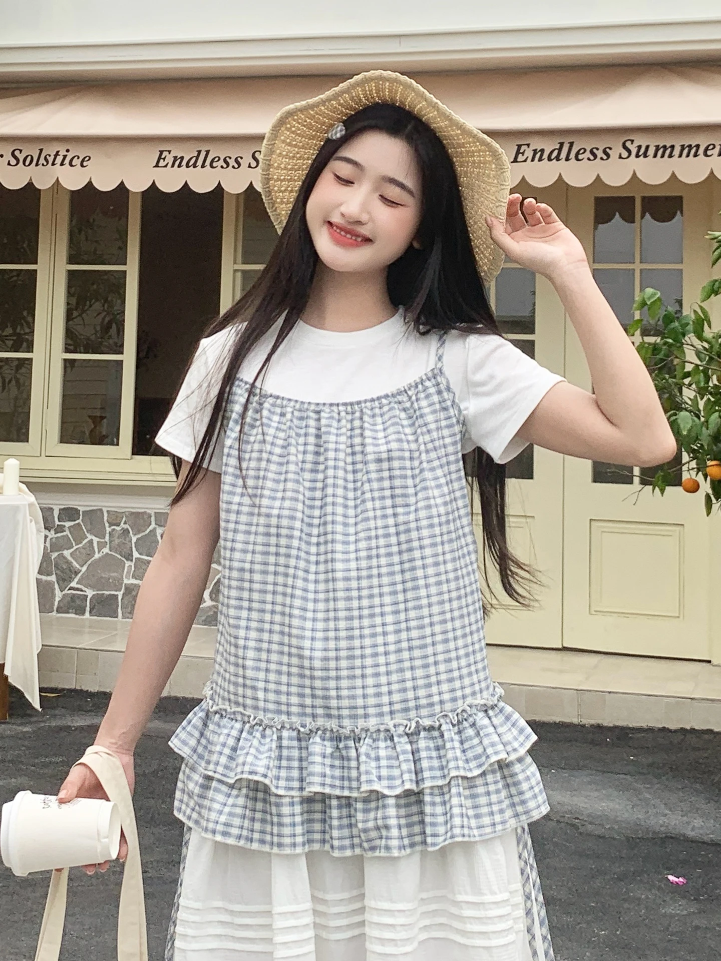 

XiaoYu LiangPin Summer Korean Style Plaid Strap Top Short Sleeve Women's Two-Piece Set Sweet Style Loose Fit Cotton Polyester...