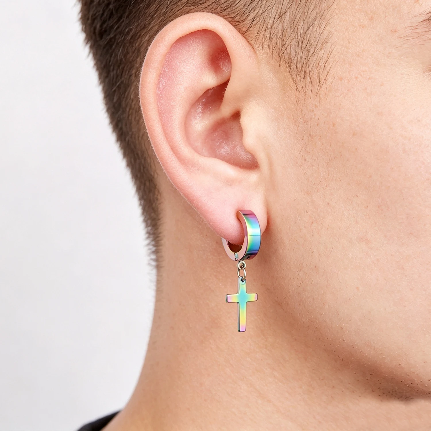 Cross Dangle Wide Hoop Earrings Men Women Multicolor Stainless Steel HipHop Street Cool Huggie Earrings Trendy Fashion Jewelry