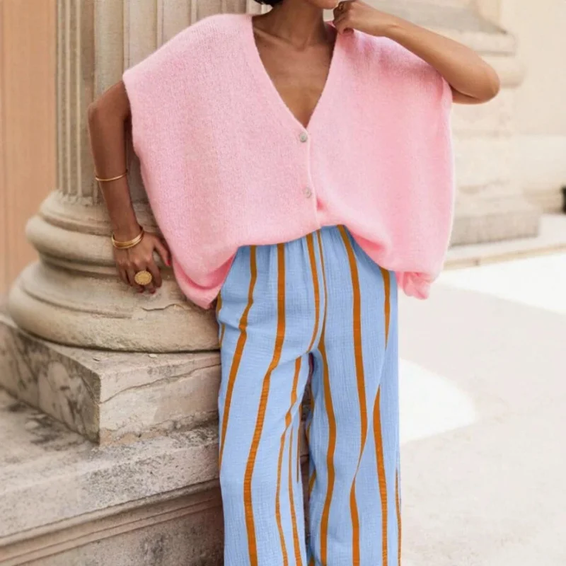 new women's clothing loose-fitting color-block striped wide-leg pants summer Stripe Straight casual outdoor running sport pant