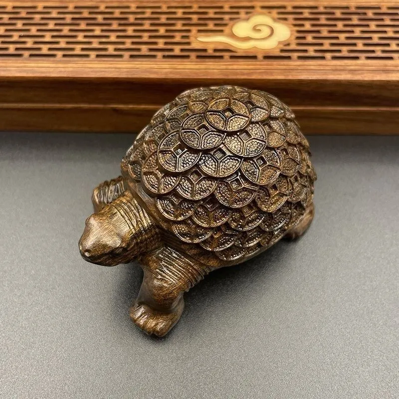 Estatua de tortuga de moneda dorada tallada de madera de agar seca de Dara Natural, regalo de la suerte de la fortuna