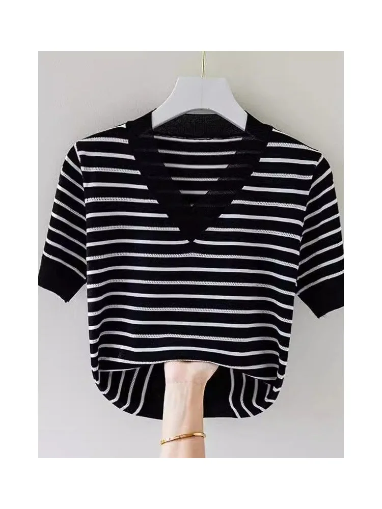 

Летний новый дизайн, полосатый ор Све, вязаный свитер, женский нежный аосфера для похудения, модный топ с v-образным вырезом и прямым вырезом