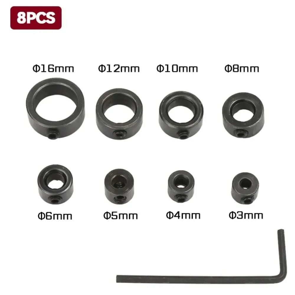 8/3pcs Localizzatore di trapano per la lavorazione del legno 3-16mm Profondità dell'albero Collari Anello Posizionatore Trapano per punta da trapano per legno Chiave esagonale Bit Strumento