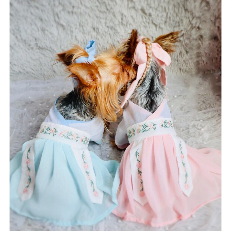 Vestido de verano para perro pequeño Hanfu, ropa fina de peluche Pomerania para perro, ropa para gato, estilo chino, estilo antiguo