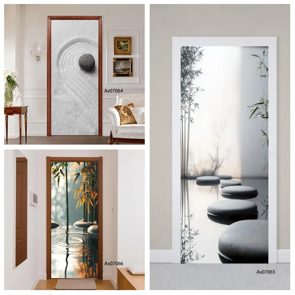 Zen Door Decal Removable Waterproof Door Wallpaper Japanese Zen Sand Stone Bamboo Self Adhesive Sticker Bathroom Entryway Decor