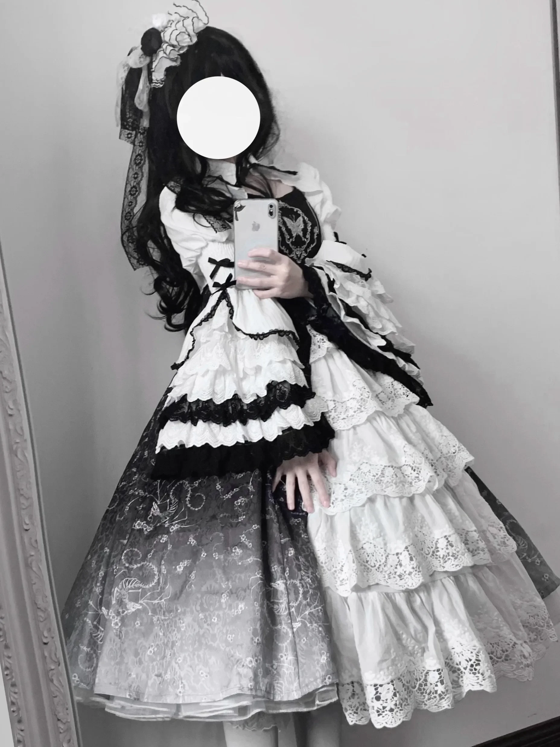 Original Design Gothic Lolita Suspender Dress and Long Sleeve Top Set Two-piece Female Cosplay High Waist Slim Long Dress Set