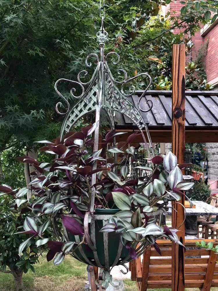 Vintage Metal Hanging Planter Basket, 12x30 inches, Decorative Iron Garden Basket with Chain, White and Green