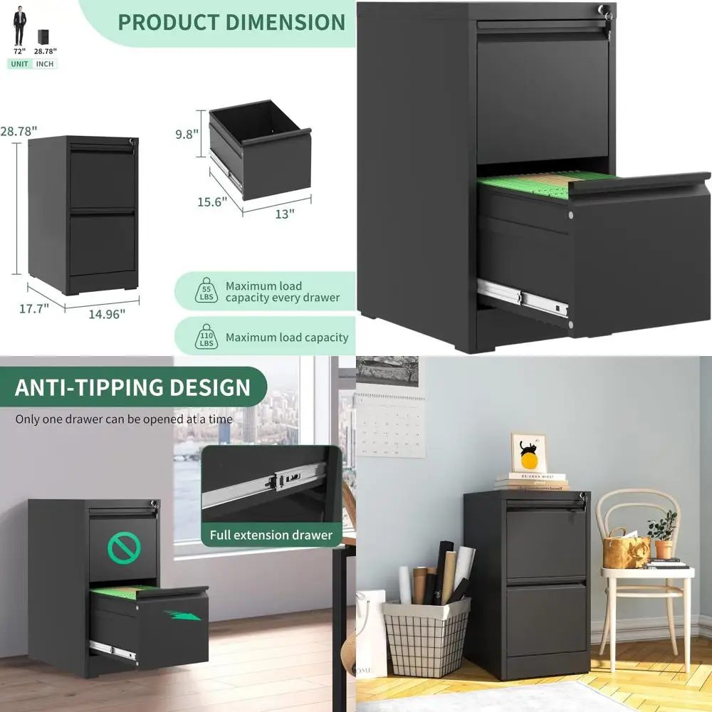 

Vertical Lockable Metal File Cabinet, Black, for Home Office, Holds A4/Letter/Legal Files, Assembly Required