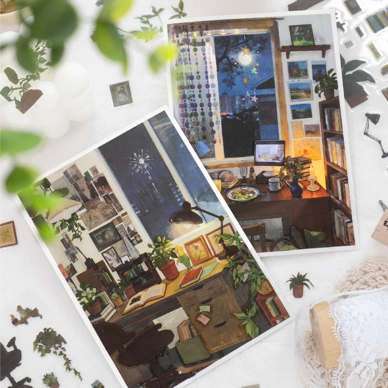 Cozy Healing Home & Study Scene Landscape Stickers, Base Decor Paper for Greeting Cards, Great for Leisure Time & Perfect Gifts