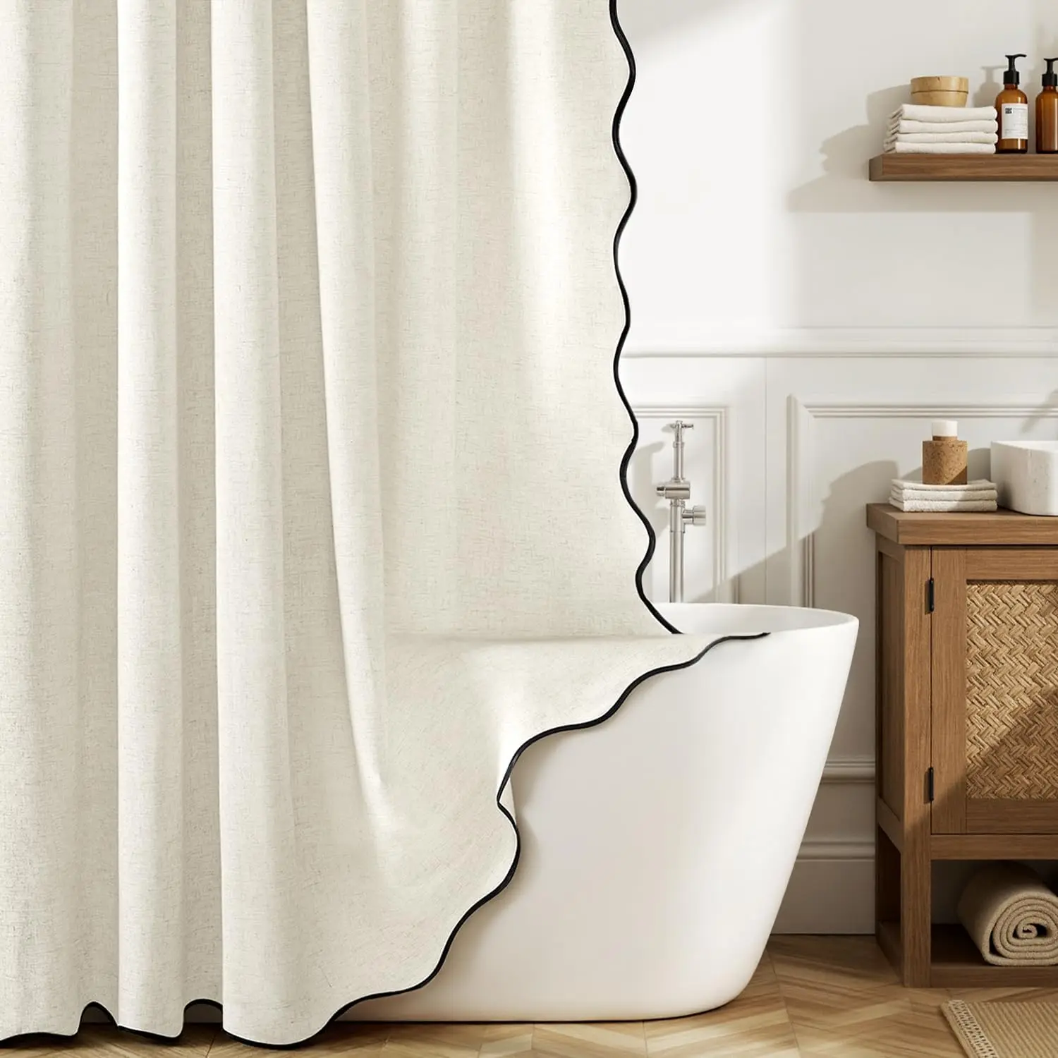 

Льняная шторка для душа с фестончатым краем и 12 металлическими крючками, прочная, моющаяся, водонепроницаемая, из плотной ткани, для ванной комнаты, W72*L72