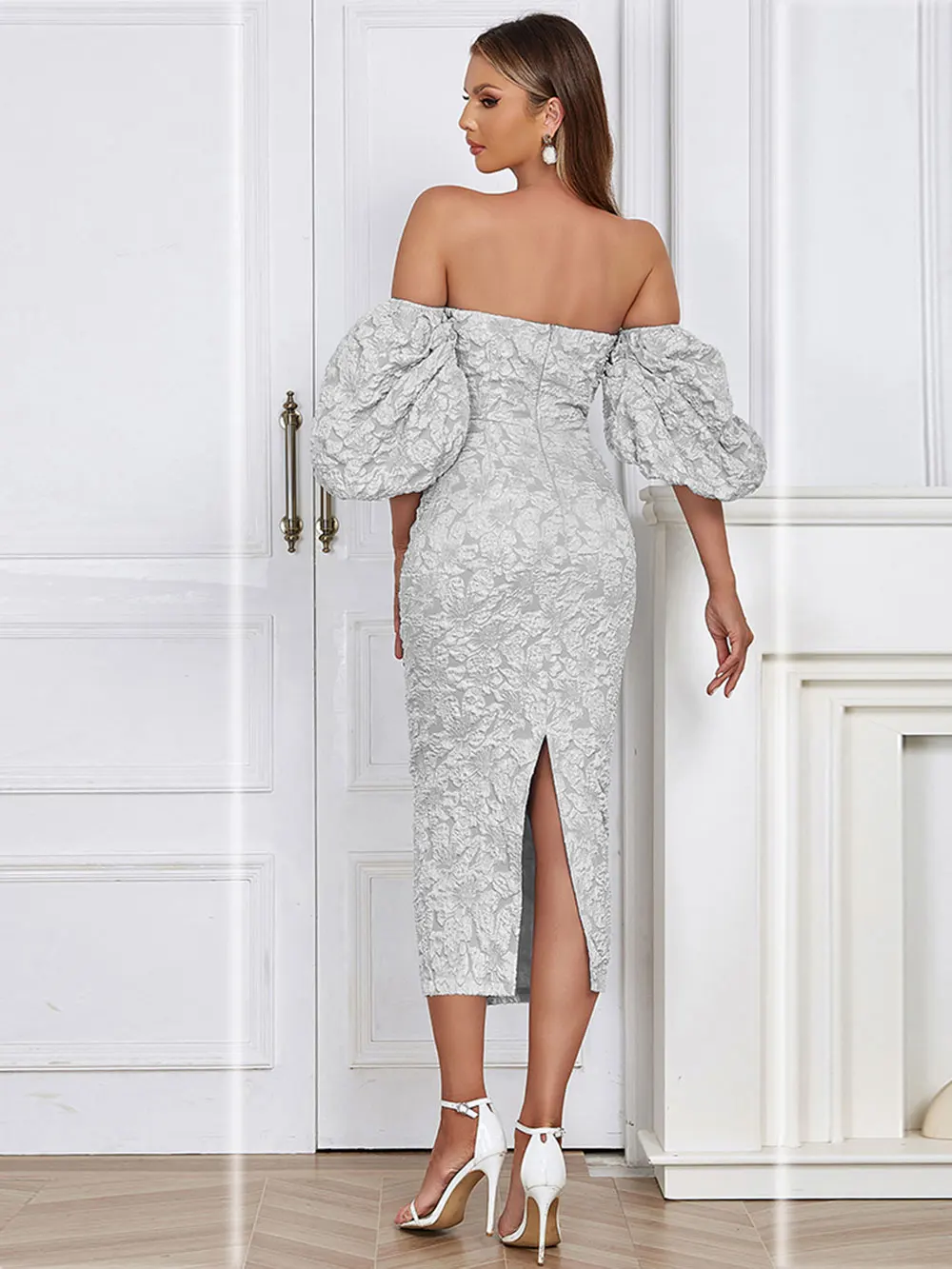 Robe en relief de luxe léger pour femme, robe mi-longue dos nu avec un col, manches lanterne initiées, batterie con, robe de soirée sexy, 2024