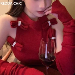 REDDACHiC Women Bow Turtleneck Top & Arm Sleeves Christmas Red Rhinestone Rib Knit Sweater Pullover Grayu Y2k Women 2-piece Set