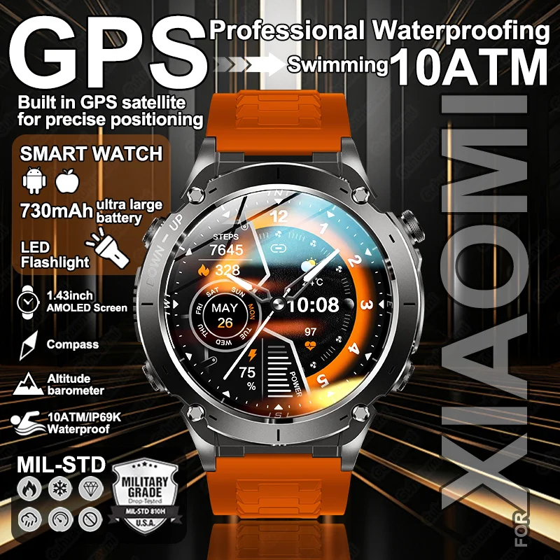 2025 新シャオ mi 男性軍事グレードスマートウォッチ GPS 10ATM 防水 LED 懐中電灯 730mAh バッテリー Bluetooth 通話スマートウォッチ