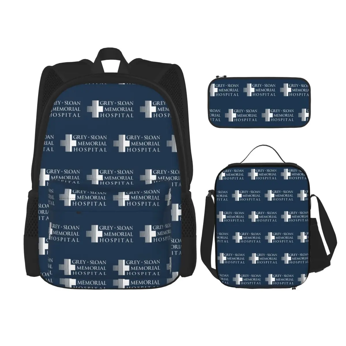 

Grey + Sloan Memorial Hospital Logo White Print Backpacks Kids Bookbag School Bags Rucksack Lunch Bag Pen Bag Three-Piece Set