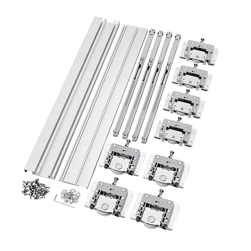 Non-slot Surface Mount Slide Rail, Wardrobe Bookcase Sliding Door Hardware Set with Upper Lower Track and Pulley
