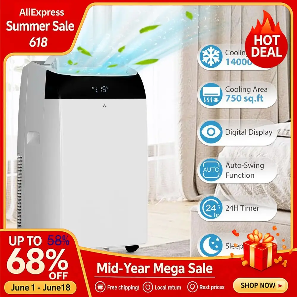 

14000 BTU Air Conditioner with Follow Me Function, 3in1 AC Includes Remote amp Full Window Kit, Cools Areas Up to 750, Custom