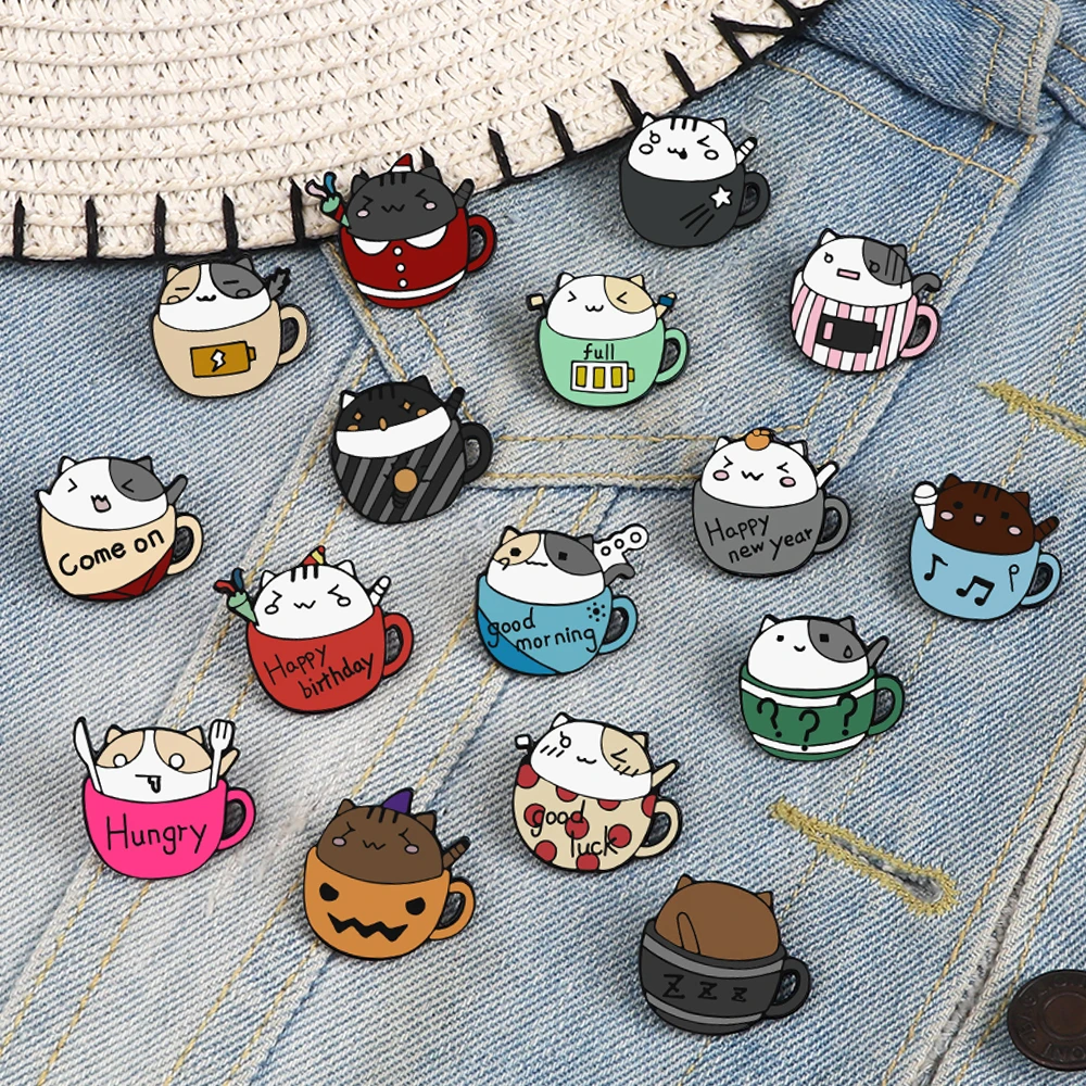 16Style Mini Teacup Cat Enamel Pins Cartoon Mew Mew Brooches Badges Kitty Expression Language Lapel Pin Jewelry Gift for Friends