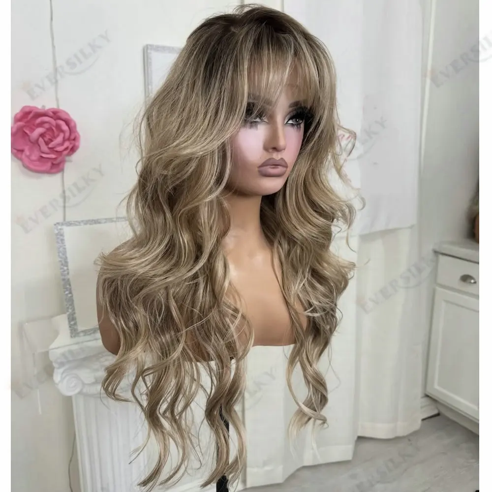26 Zoll lockere, gewellte Damen-Perücken aus Echthaar mit vollem Spitzenansatz und Pony, dunkelbraune Wurzeln, Ombré-Aschblond, 13x6 Spitzenfront/5x5HD Spitzenperücken – Detail 2