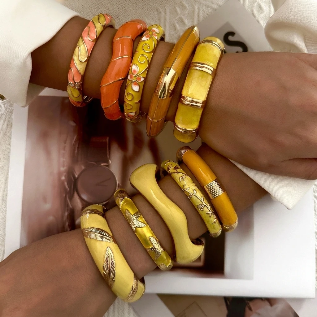 Vintage Autumn Yellow Orange Enamel Wide Cuff Bracelet For Women Elegant Floral Leaf Star Stripe Embossed Bangle Party Jewelry