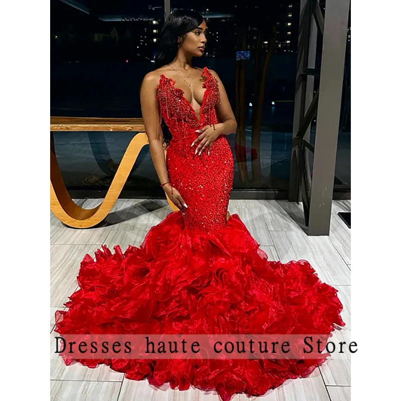 Robes de bal sirène longues rouges de luxe pour filles noires, Sexy, glands en cristal, robes de soirée d'anniversaire personnalisées, 2025