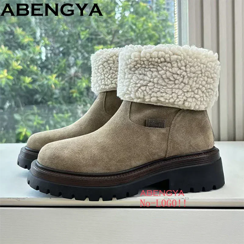 

Suede Leather Short Boots Woman String Bead Round Toe Winter Wool Warm Shoes Woman Thick Sole Ankle Boots Women