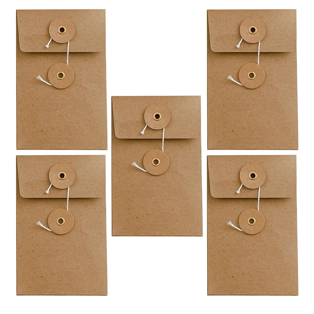 Sobres Kraft de estilo Vintage con cierre de cordón, cierre seguro, bolsillos cuadrados pequeños para documentos, tarjetas, invitaciones, oficina, 5 uds.