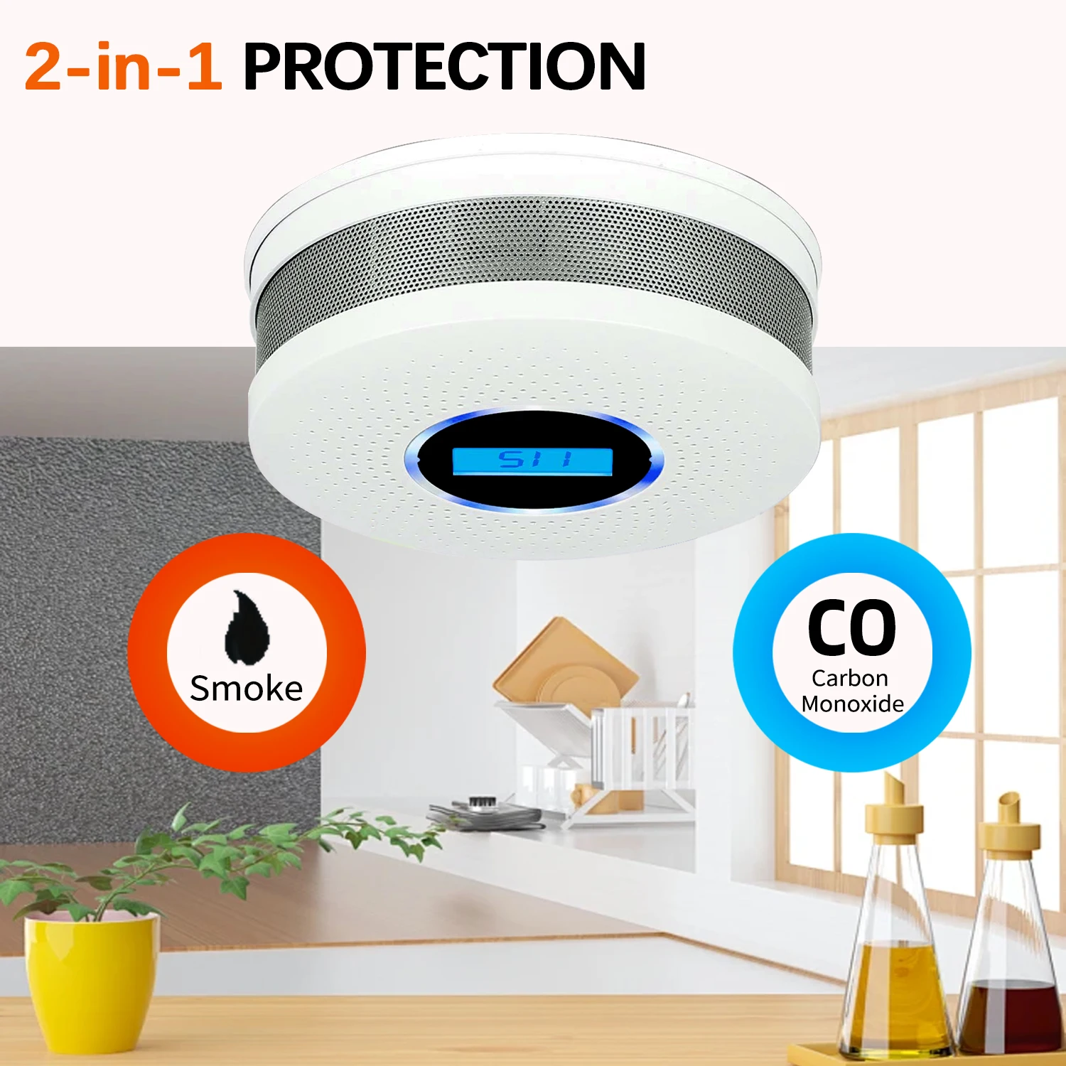Composite 2-in-1 Smoke and CO Detector - Home and Commercial Use - High Volume Three-color Light Sound and Light Detector