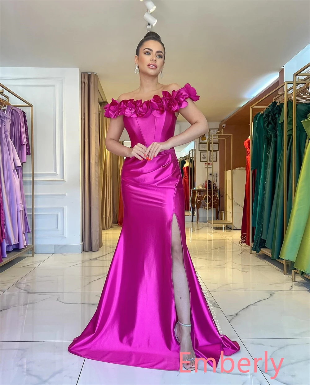 Aangepaste zeemeermin klassieke roze satijnen avondjurk delicate boothals uit de schouder mouwloze feestjurk elegante galajurken